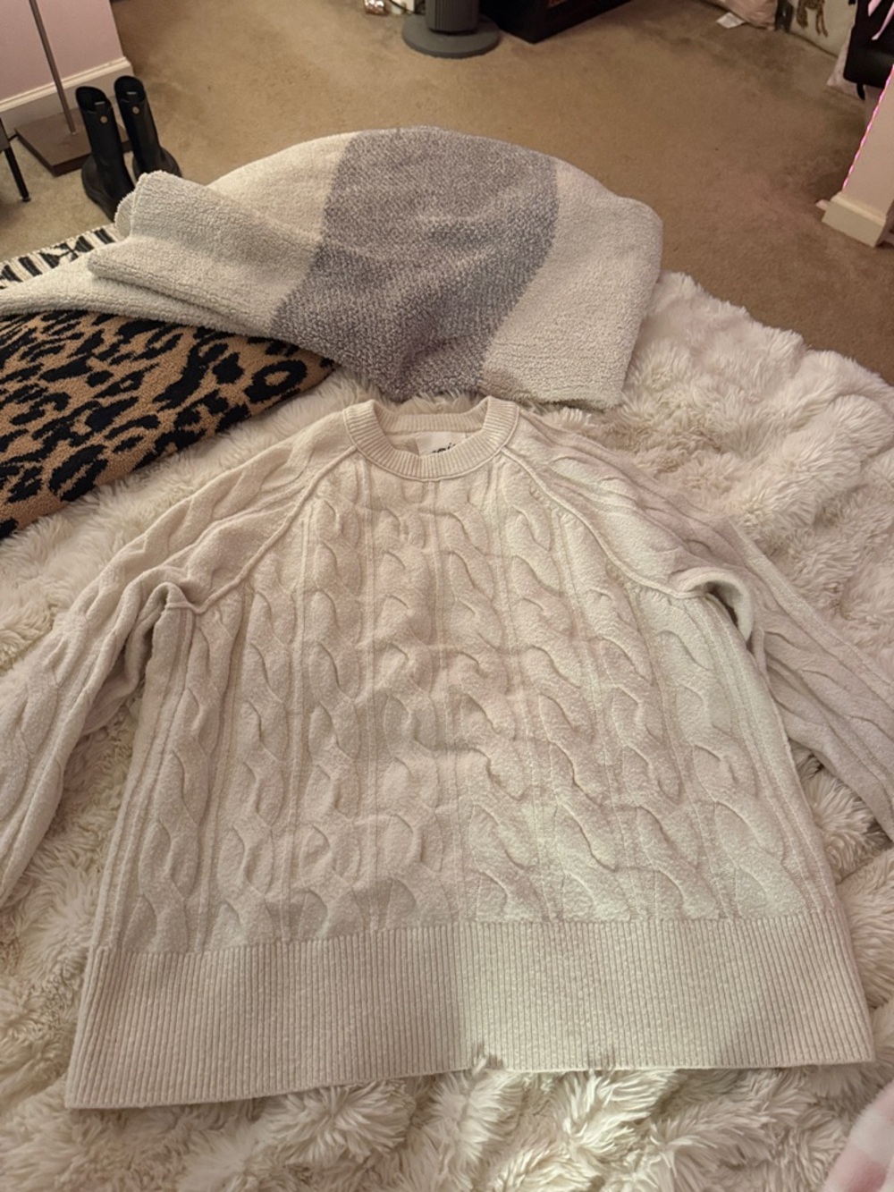 aerie Cream Cable-Knit Crewneck Sweater